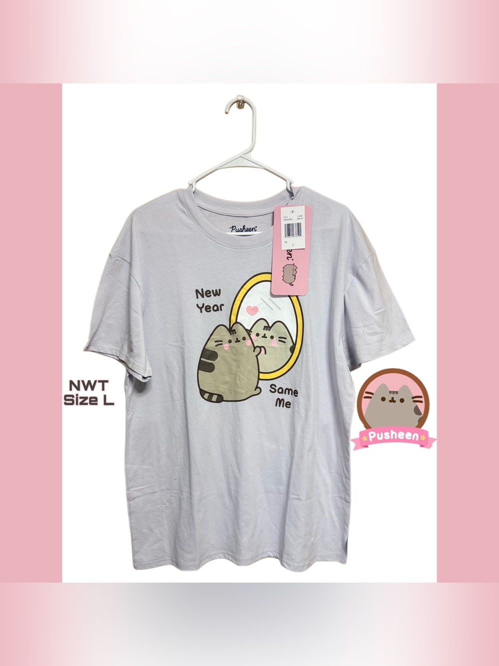 🐾🎀 NWT Official Pusheen “New Year Same Me” Kawaii Tee Size Large Lavender Purple